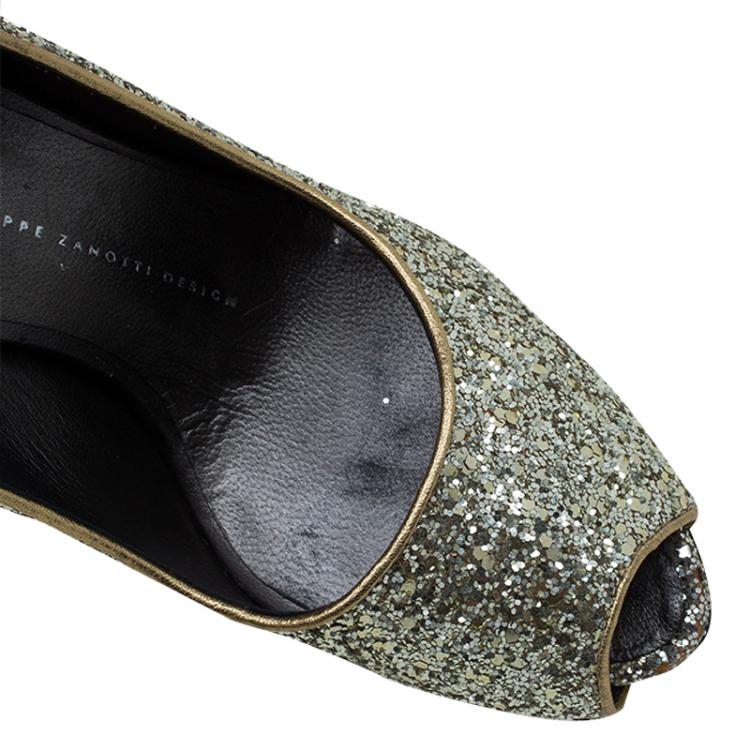 Pre Owned Giuseppe Zanotti Gold Glitter Peep Toe Platform Pumps Size 38 