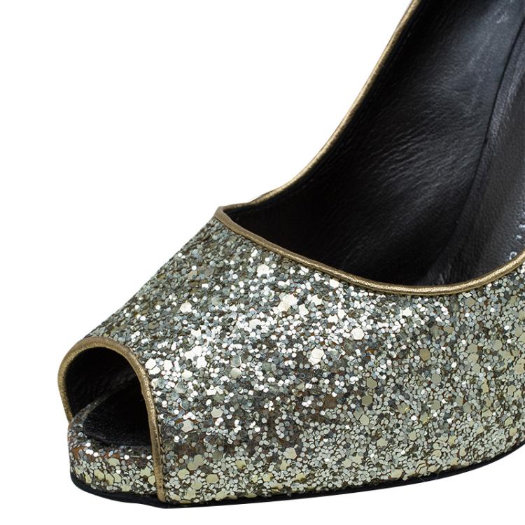 Pre Owned Giuseppe Zanotti Gold Glitter Peep Toe Platform Pumps Size 38 