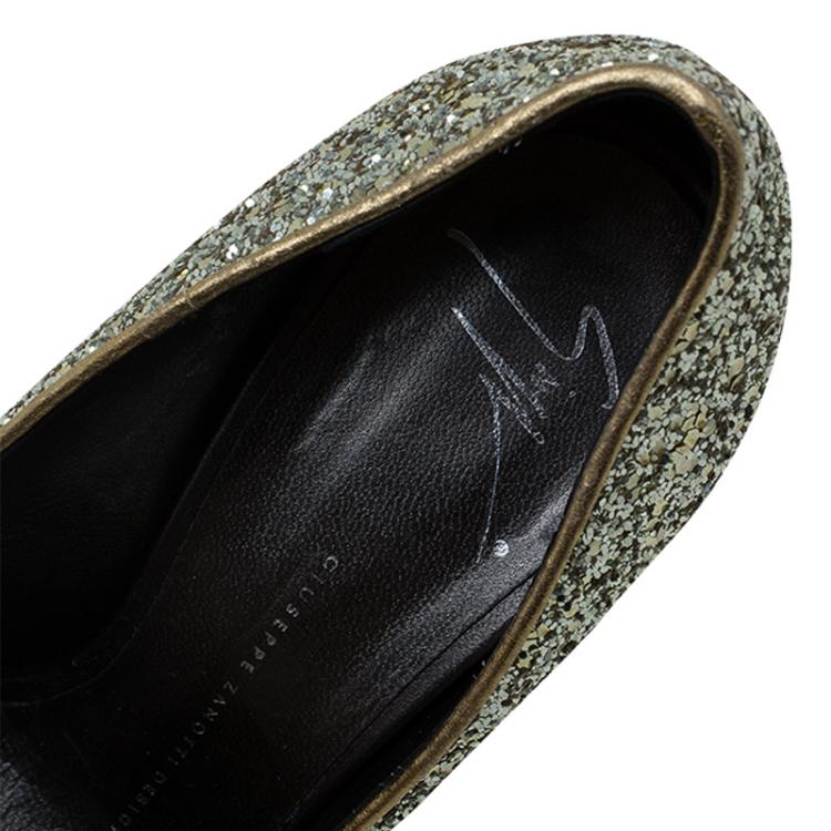 Pre Owned Giuseppe Zanotti Gold Glitter Peep Toe Platform Pumps Size 38 