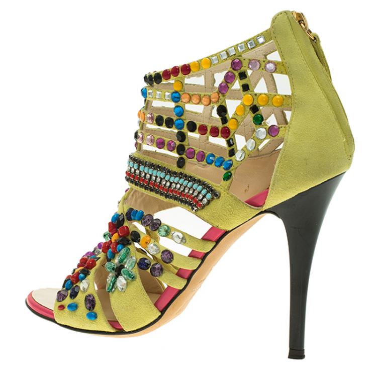 Pre Owned Giuseppe Zanotti Yellow Beaded Suede Back Zip Sandals Size 36