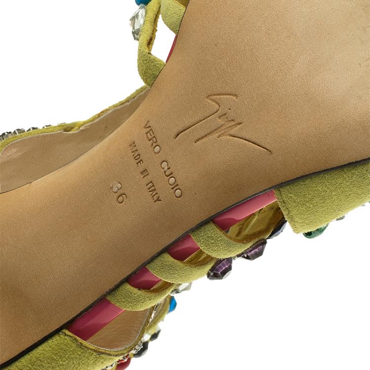 Pre Owned Giuseppe Zanotti Yellow Beaded Suede Back Zip Sandals Size 36