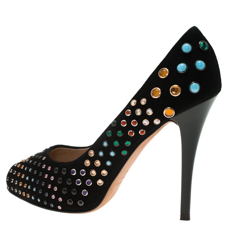 Pre Owned Giuseppe Zanotti Black Studded Suede Peep Toe Platform Pumps Size 37