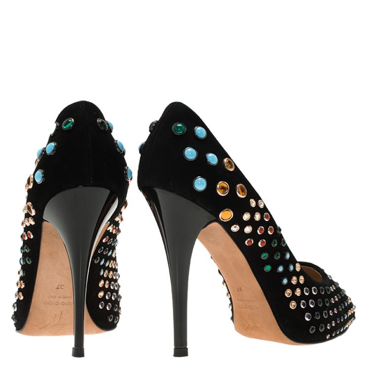 Pre Owned Giuseppe Zanotti Black Studded Suede Peep Toe Platform Pumps Size 37