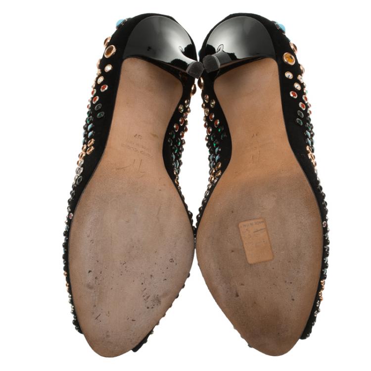Pre Owned Giuseppe Zanotti Black Studded Suede Peep Toe Platform Pumps Size 37