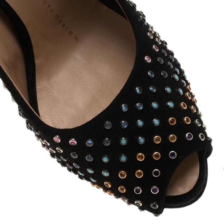 Pre Owned Giuseppe Zanotti Black Studded Suede Peep Toe Platform Pumps Size 37