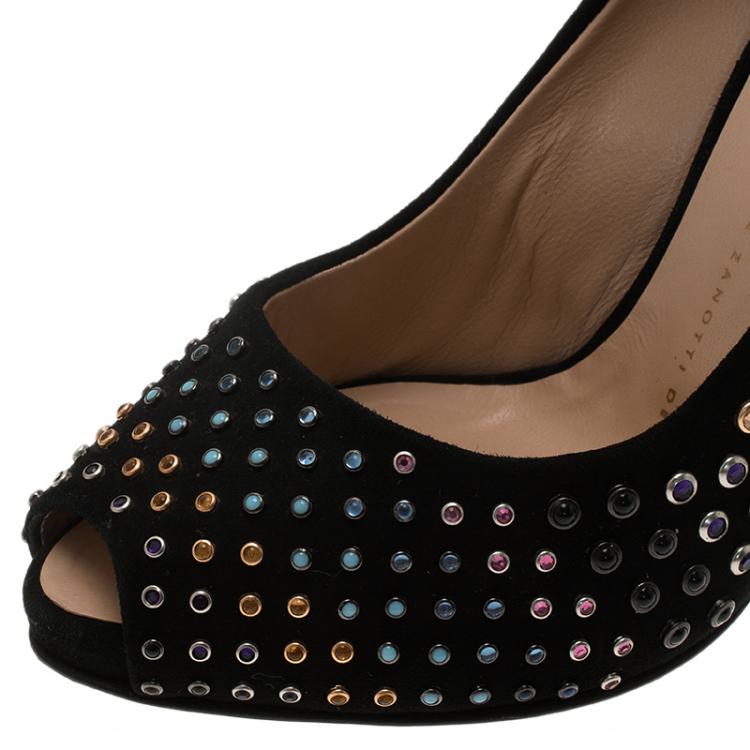 Pre Owned Giuseppe Zanotti Black Studded Suede Peep Toe Platform Pumps Size 37