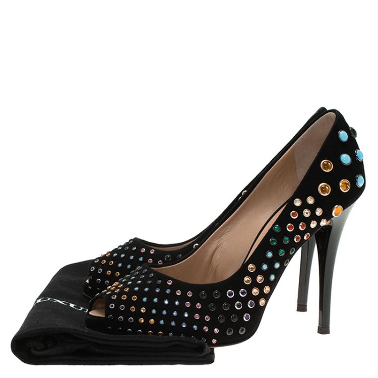 Pre Owned Giuseppe Zanotti Black Studded Suede Peep Toe Platform Pumps Size 37