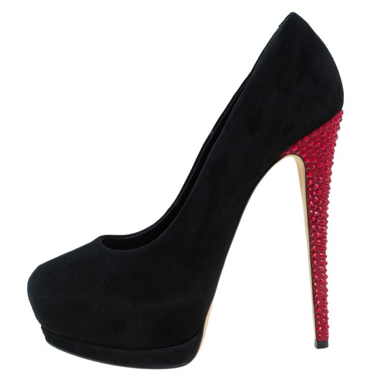 Pre Owned Giuseppe Zanotti Black and Red Embellished Suede Platform Pumps Size 38