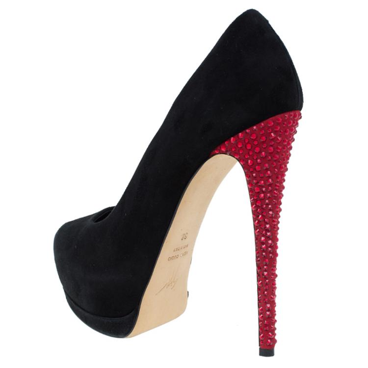 Pre Owned Giuseppe Zanotti Black and Red Embellished Suede Platform Pumps Size 38