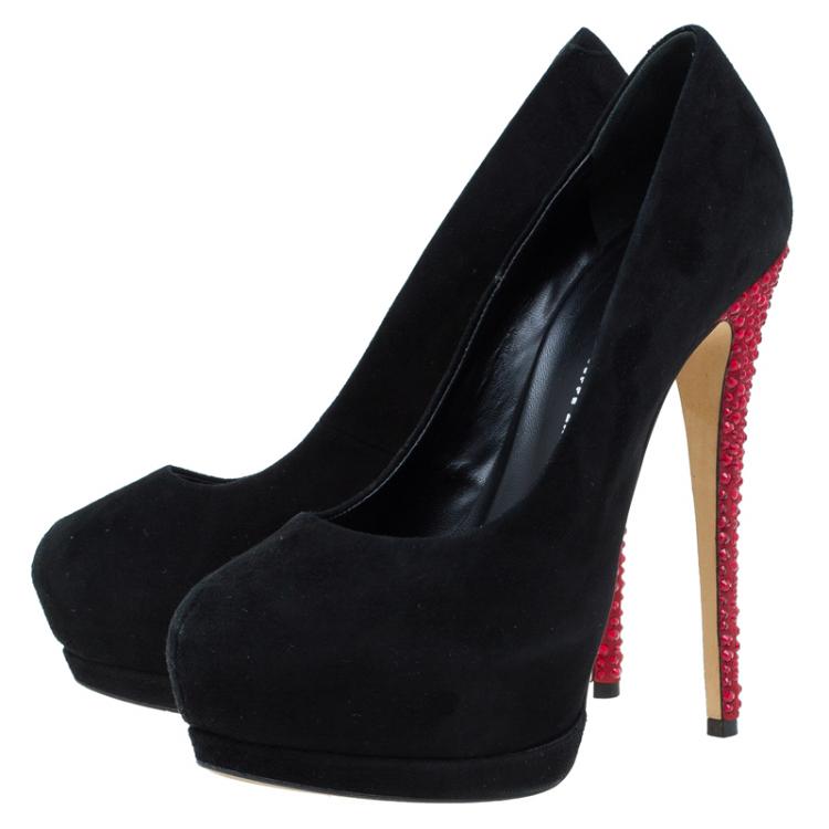 Pre Owned Giuseppe Zanotti Black and Red Embellished Suede Platform Pumps Size 38