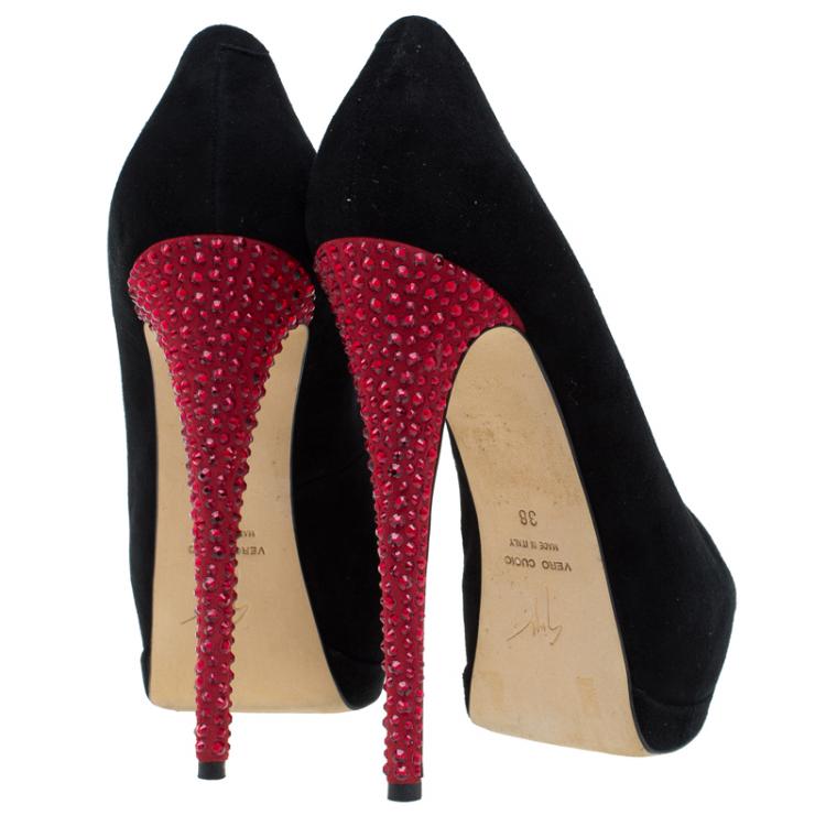 Pre Owned Giuseppe Zanotti Black and Red Embellished Suede Platform Pumps Size 38