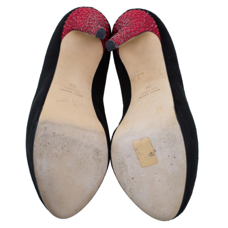 Pre Owned Giuseppe Zanotti Black and Red Embellished Suede Platform Pumps Size 38