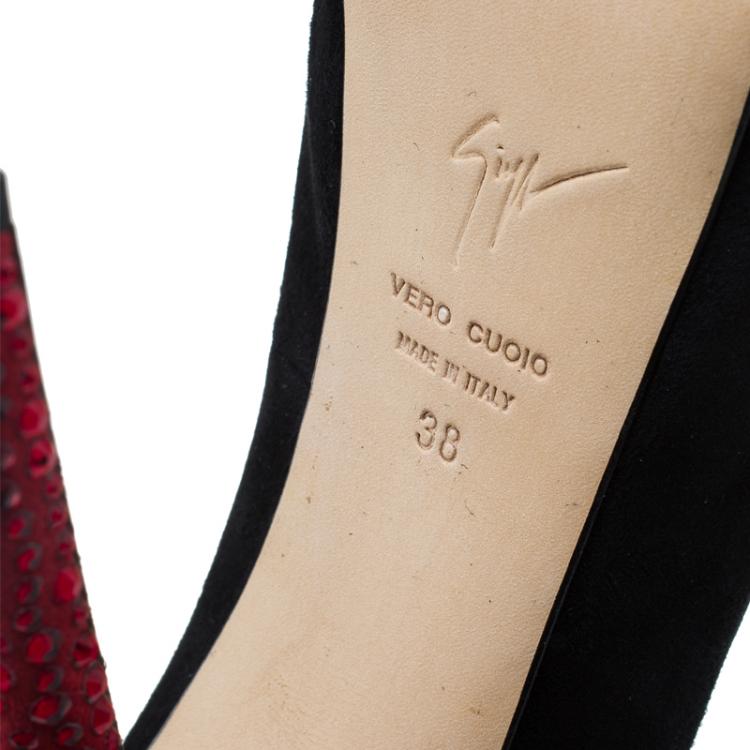 Pre Owned Giuseppe Zanotti Black and Red Embellished Suede Platform Pumps Size 38