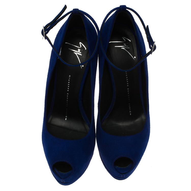 Pre Owned Giuseppe Zanotti Blue Suede Sharon Ankle Strap Platform Pumps Size 36.5