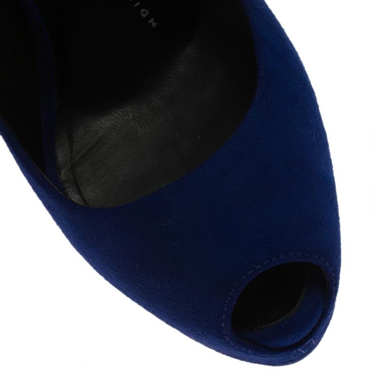 Pre Owned Giuseppe Zanotti Blue Suede Sharon Ankle Strap Platform Pumps Size 36.5