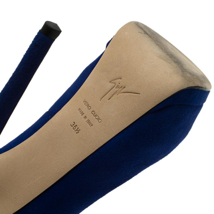 Pre Owned Giuseppe Zanotti Blue Suede Sharon Ankle Strap Platform Pumps Size 36.5