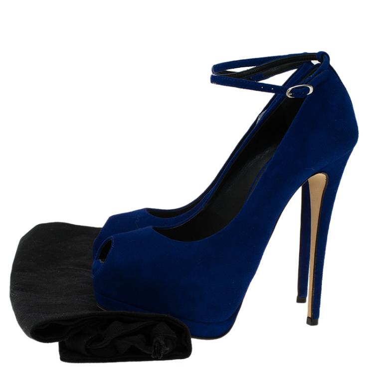 Pre Owned Giuseppe Zanotti Blue Suede Sharon Ankle Strap Platform Pumps Size 36.5