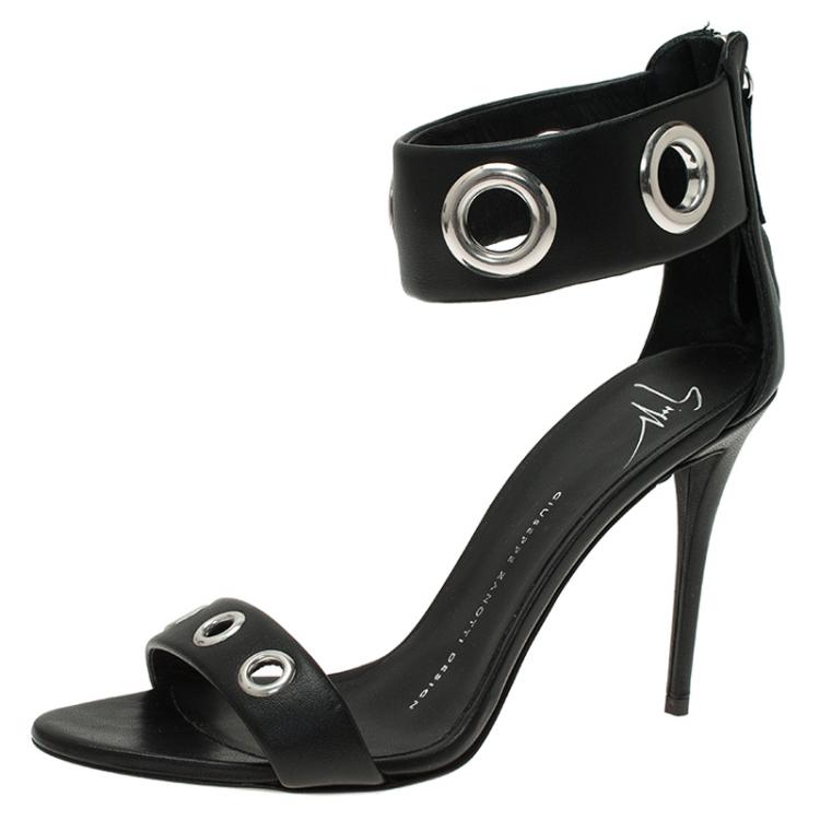 Pre Owned Giuseppe Zanotti Black Leather Eyelet Ankle Strap Sandals Size 37