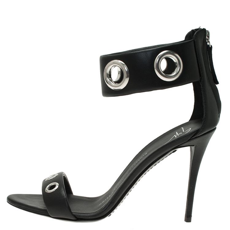 Pre Owned Giuseppe Zanotti Black Leather Eyelet Ankle Strap Sandals Size 37