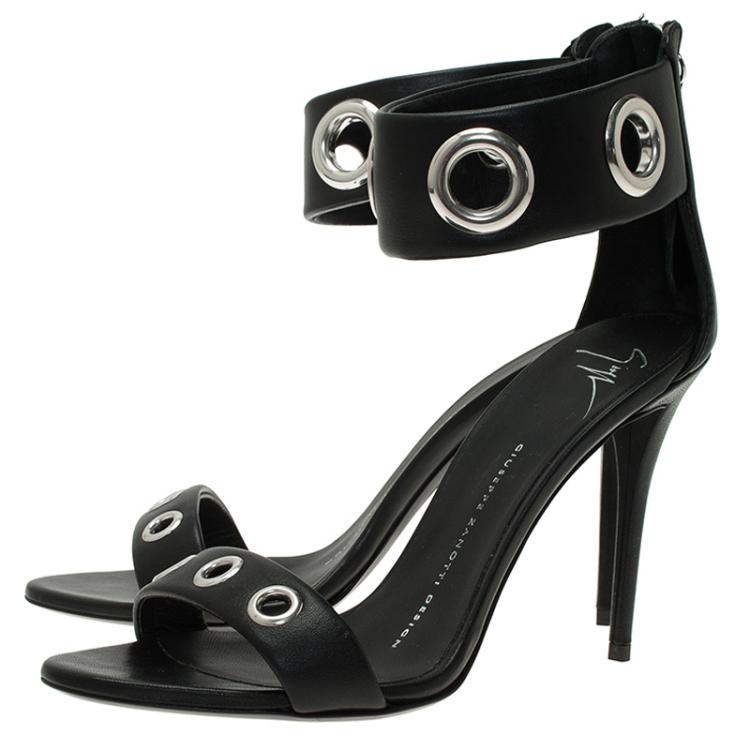 Pre Owned Giuseppe Zanotti Black Leather Eyelet Ankle Strap Sandals Size 37