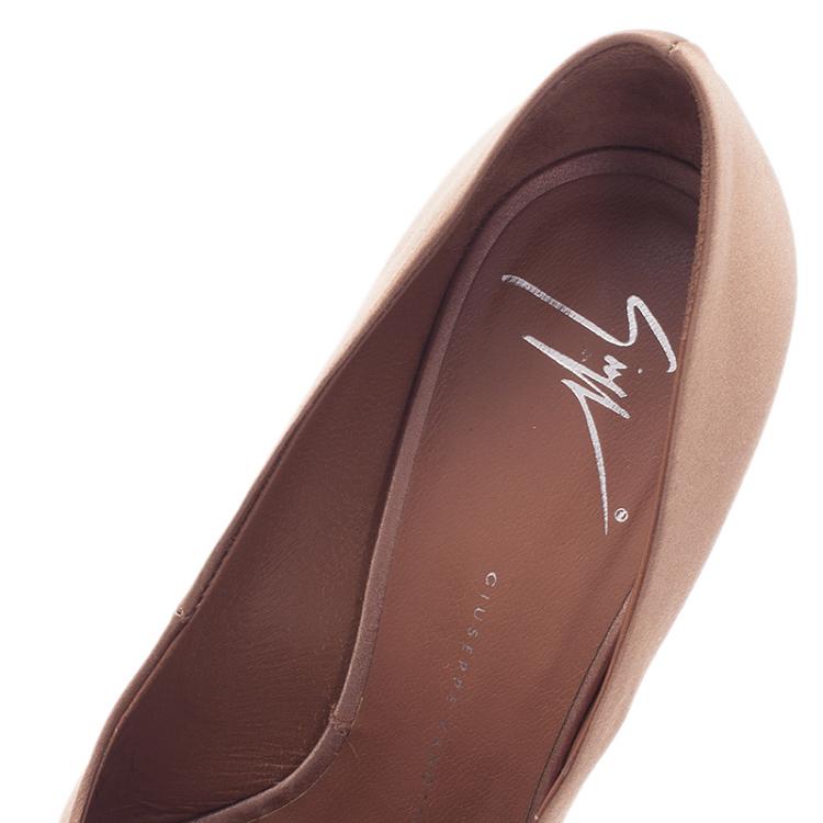 Pre Owned Giuseppe Zanotti Beige Satin Crystal Bow Detail Peep Toe Pumps Size 37