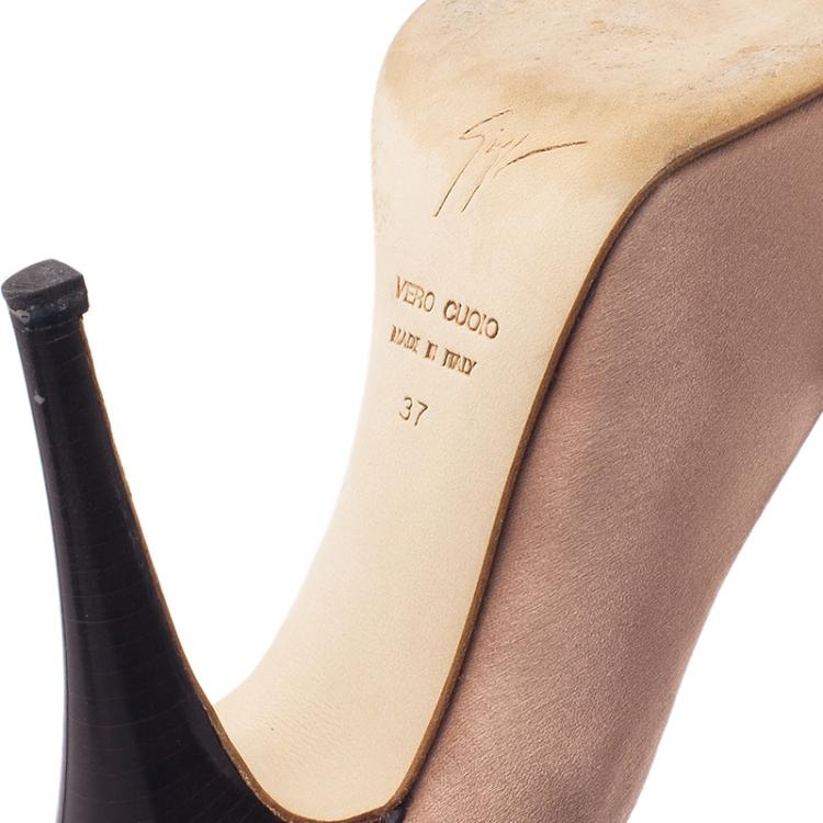Pre Owned Giuseppe Zanotti Beige Satin Crystal Bow Detail Peep Toe Pumps Size 37