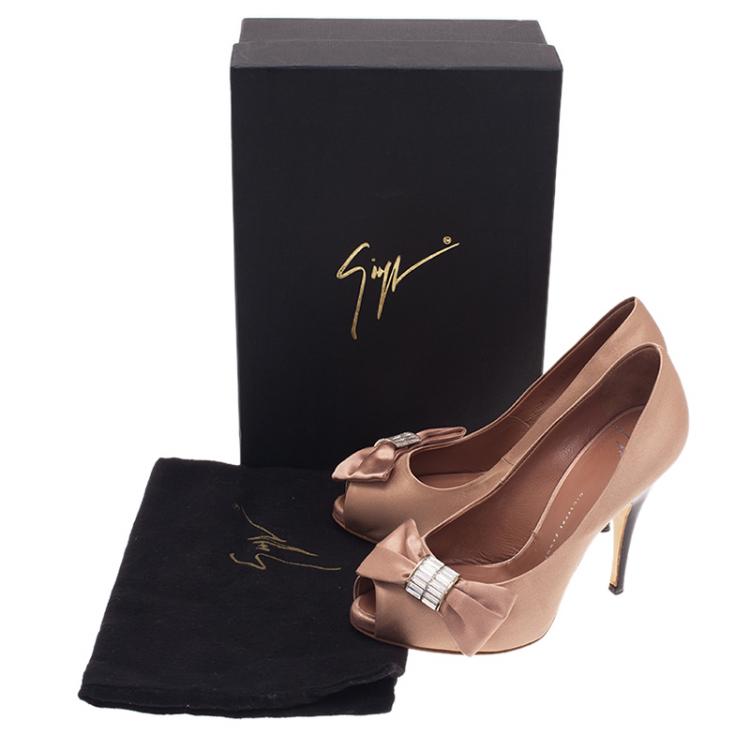 Pre Owned Giuseppe Zanotti Beige Satin Crystal Bow Detail Peep Toe Pumps Size 37