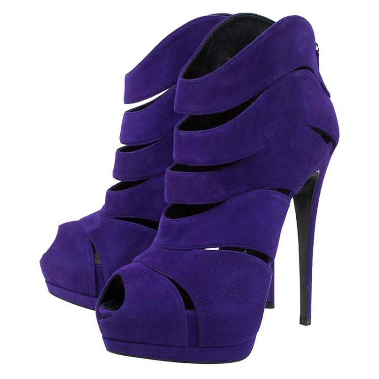 Pre Owned Giuseppe Zanotti Purple Suede Wave-Cutout Ankle Boots Size 39.5