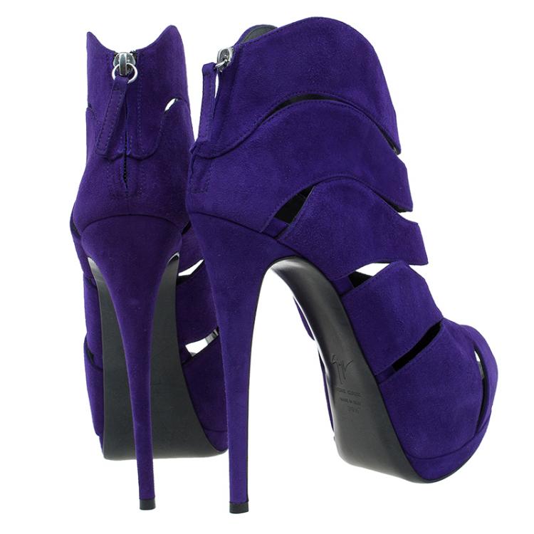 Pre Owned Giuseppe Zanotti Purple Suede Wave-Cutout Ankle Boots Size 39.5