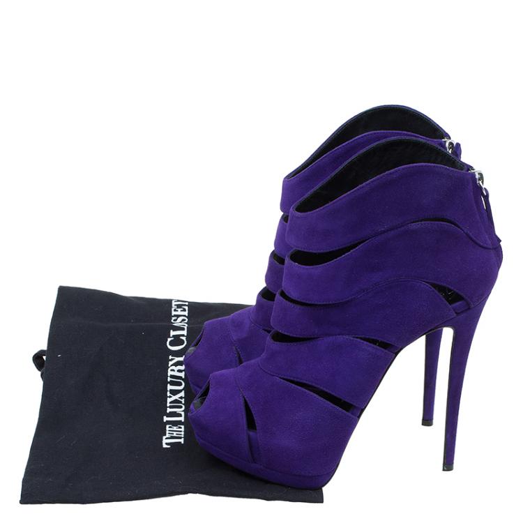 Pre Owned Giuseppe Zanotti Purple Suede Wave-Cutout Ankle Boots Size 39.5