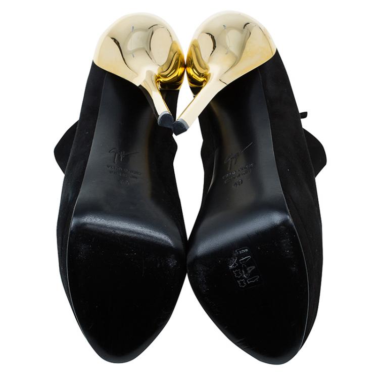 مملوكة مسبقًا Giuseppe Zanotti Black Suede Lacquered Heel Peep Toe Platform Ankle Boots Size 40