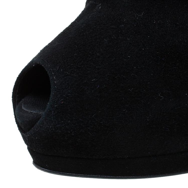 مملوكة مسبقًا Giuseppe Zanotti Black Suede Lacquered Heel Peep Toe Platform Ankle Boots Size 40