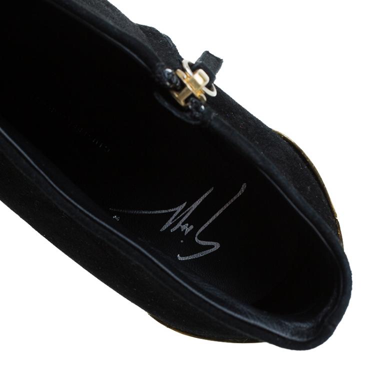 مملوكة مسبقًا Giuseppe Zanotti Black Suede Lacquered Heel Peep Toe Platform Ankle Boots Size 40