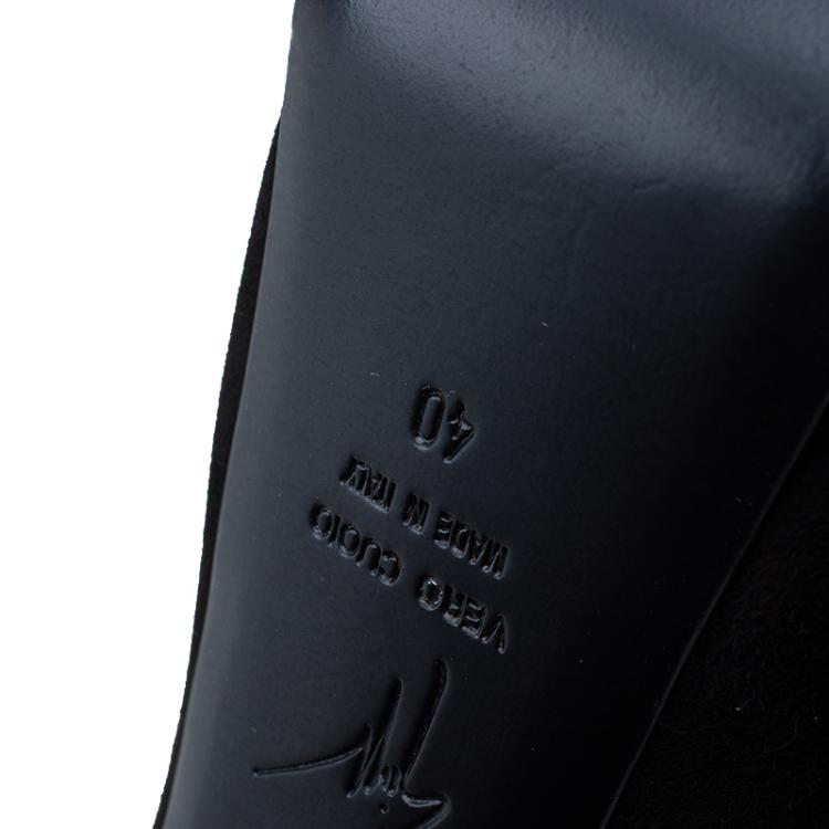 مملوكة مسبقًا Giuseppe Zanotti Black Suede Lacquered Heel Peep Toe Platform Ankle Boots Size 40