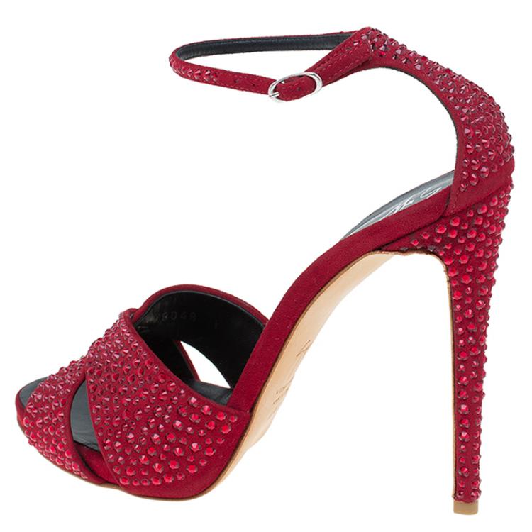 Pre Owned Giuseppe Zanotti Red Suede Crystal Embellished Ankle Strap Sandals Size 38.5