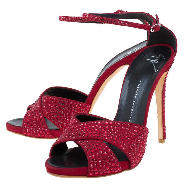 Pre Owned Giuseppe Zanotti Red Suede Crystal Embellished Ankle Strap Sandals Size 38.5