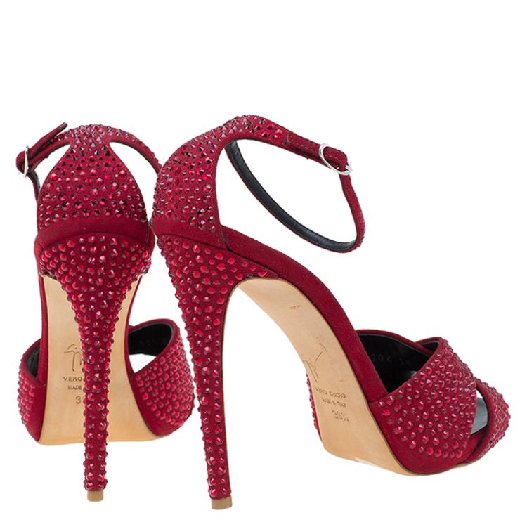 Pre Owned Giuseppe Zanotti Red Suede Crystal Embellished Ankle Strap Sandals Size 38.5