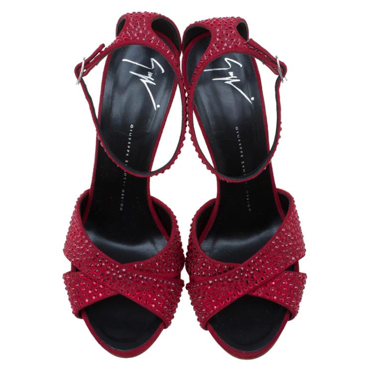 Pre Owned Giuseppe Zanotti Red Suede Crystal Embellished Ankle Strap Sandals Size 38.5