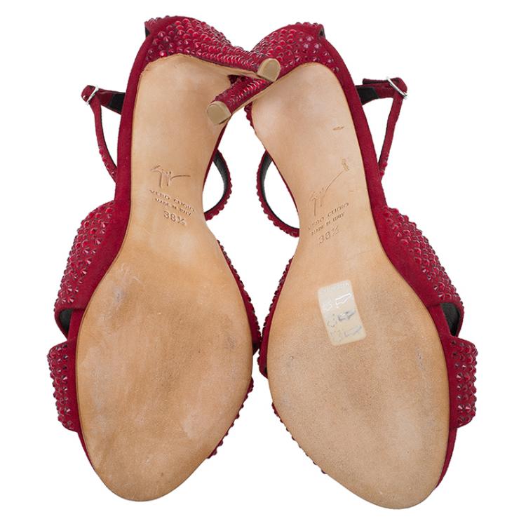 Pre Owned Giuseppe Zanotti Red Suede Crystal Embellished Ankle Strap Sandals Size 38.5