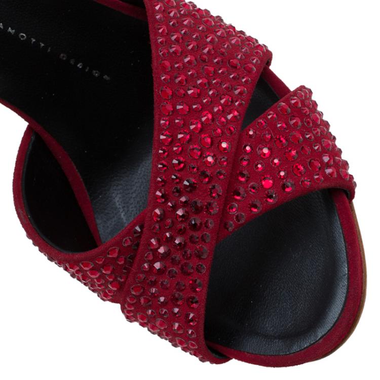 Pre Owned Giuseppe Zanotti Red Suede Crystal Embellished Ankle Strap Sandals Size 38.5