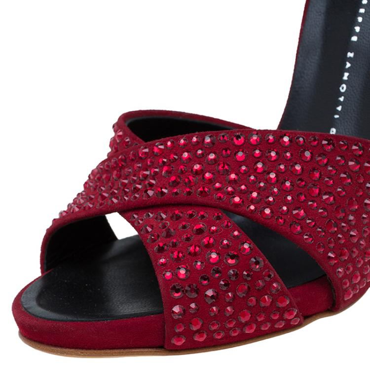 Pre Owned Giuseppe Zanotti Red Suede Crystal Embellished Ankle Strap Sandals Size 38.5