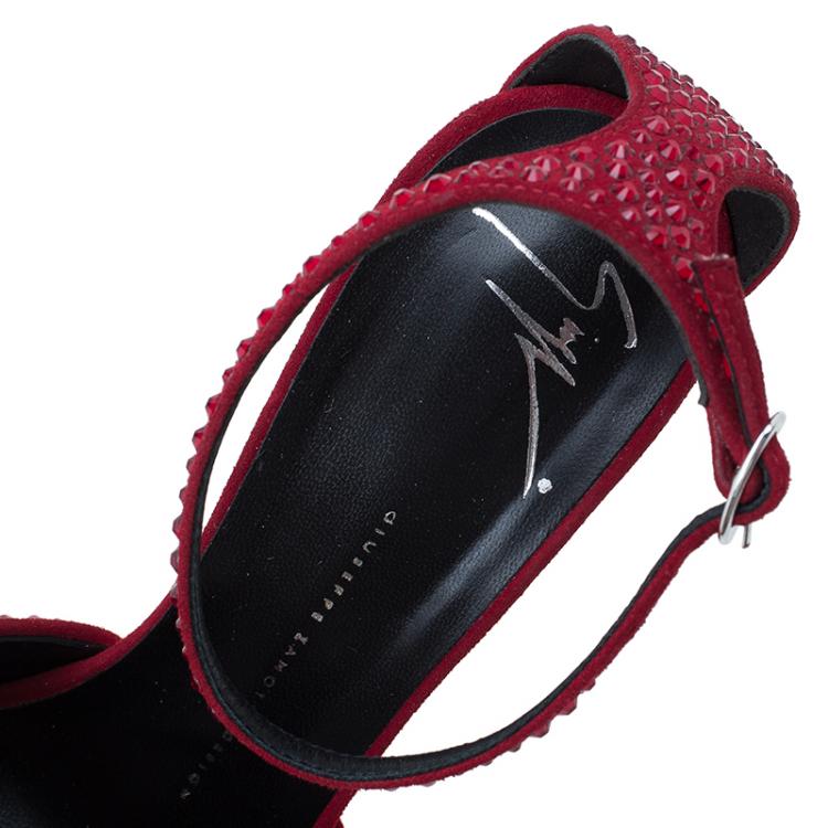 Pre Owned Giuseppe Zanotti Red Suede Crystal Embellished Ankle Strap Sandals Size 38.5