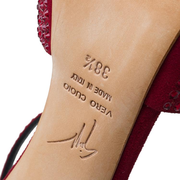 Pre Owned Giuseppe Zanotti Red Suede Crystal Embellished Ankle Strap Sandals Size 38.5