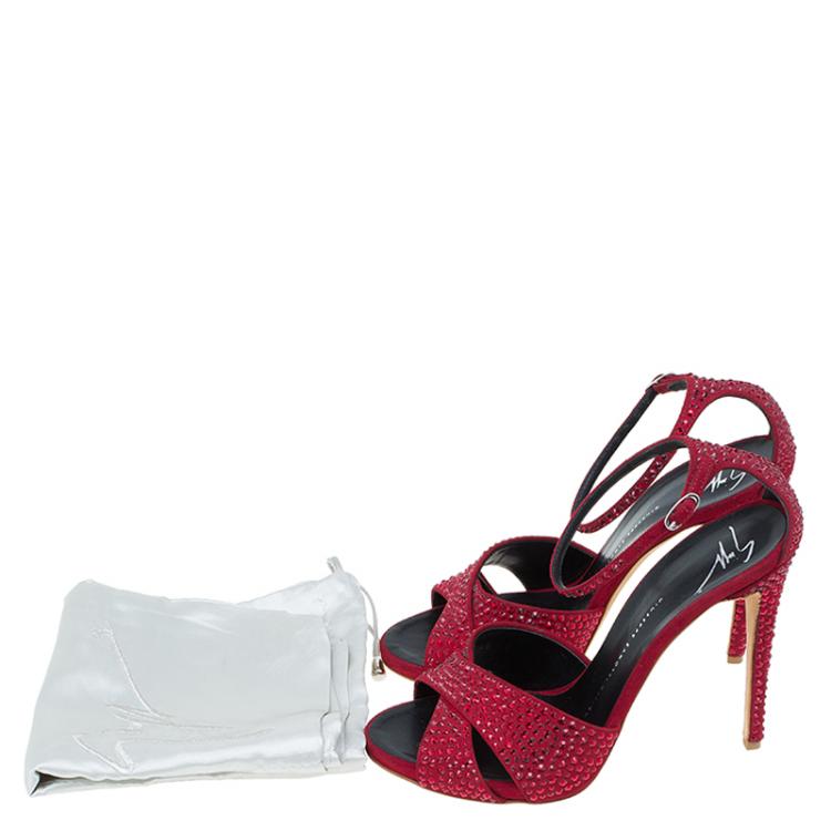 Pre Owned Giuseppe Zanotti Red Suede Crystal Embellished Ankle Strap Sandals Size 38.5