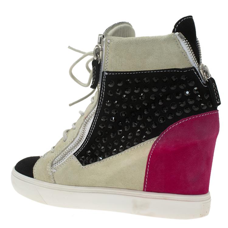 مملوكة مسبقًا Giuseppe Zanotti Multicolor Embellished Suede Wedge Sneakers Size 40