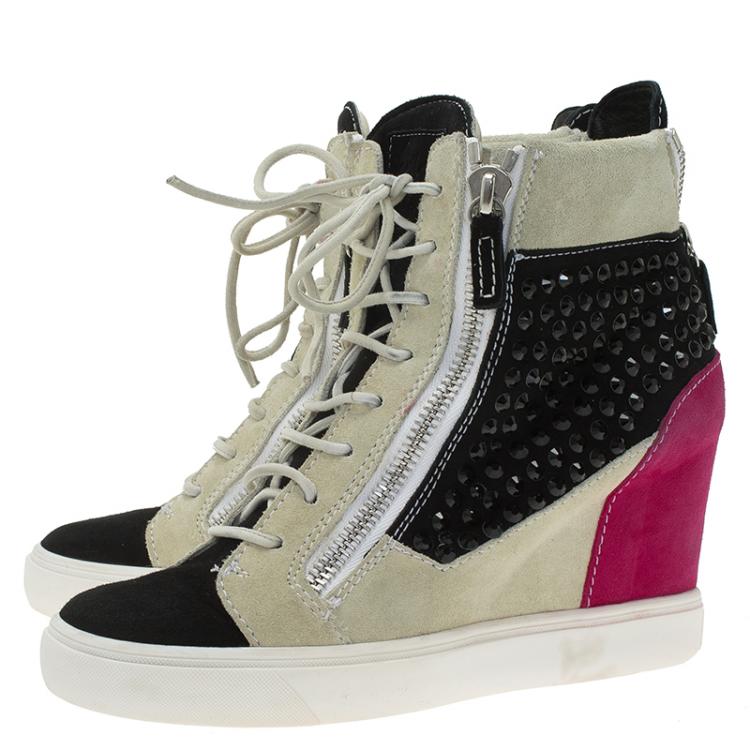 مملوكة مسبقًا Giuseppe Zanotti Multicolor Embellished Suede Wedge Sneakers Size 40