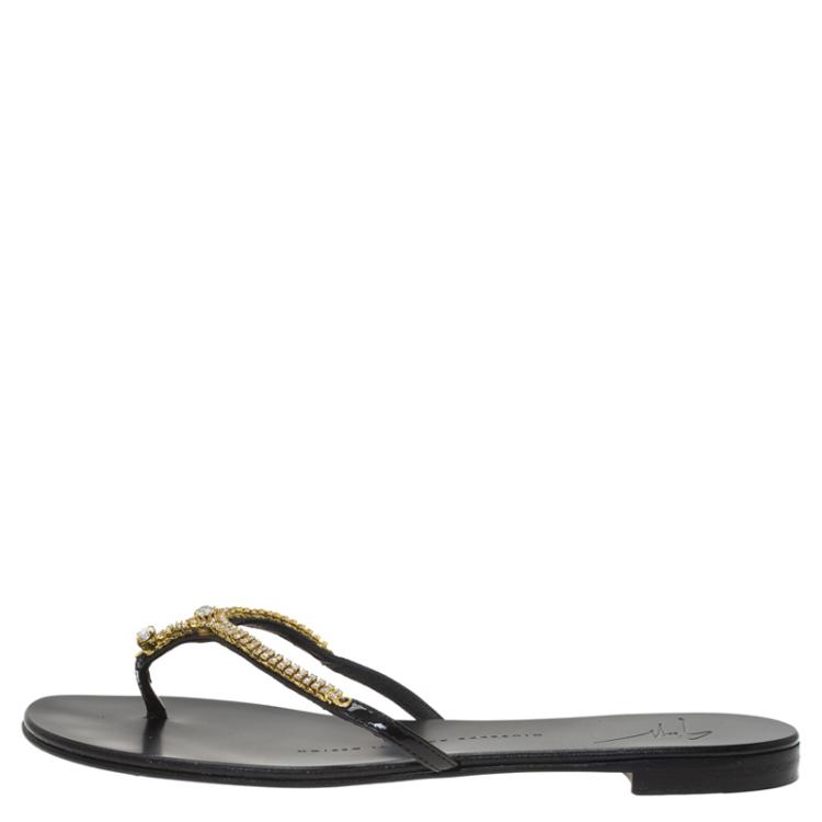 Pre Owned Giuseppe Zanotti Black Patent Crystal Embellished Thong Sandals Size 35