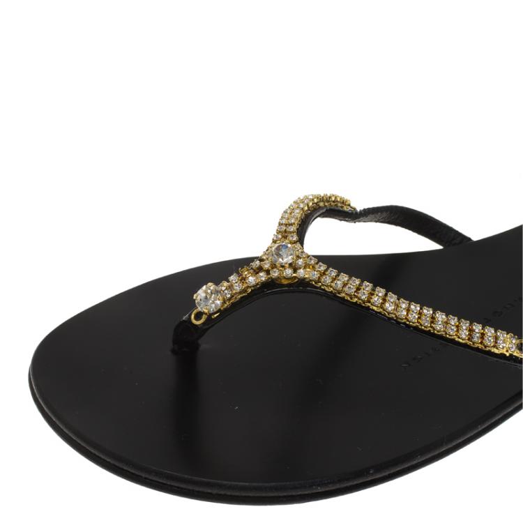 Pre Owned Giuseppe Zanotti Black Patent Crystal Embellished Thong Sandals Size 35