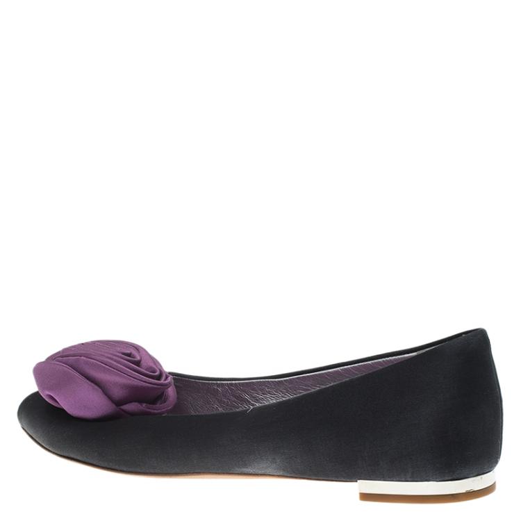 Pre Owned Guissepe Zanotti Black and Purple Satin Rose Detail Peep Toe Ballet Flats Size 37