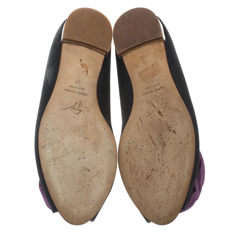 Pre Owned Guissepe Zanotti Black and Purple Satin Rose Detail Peep Toe Ballet Flats Size 37